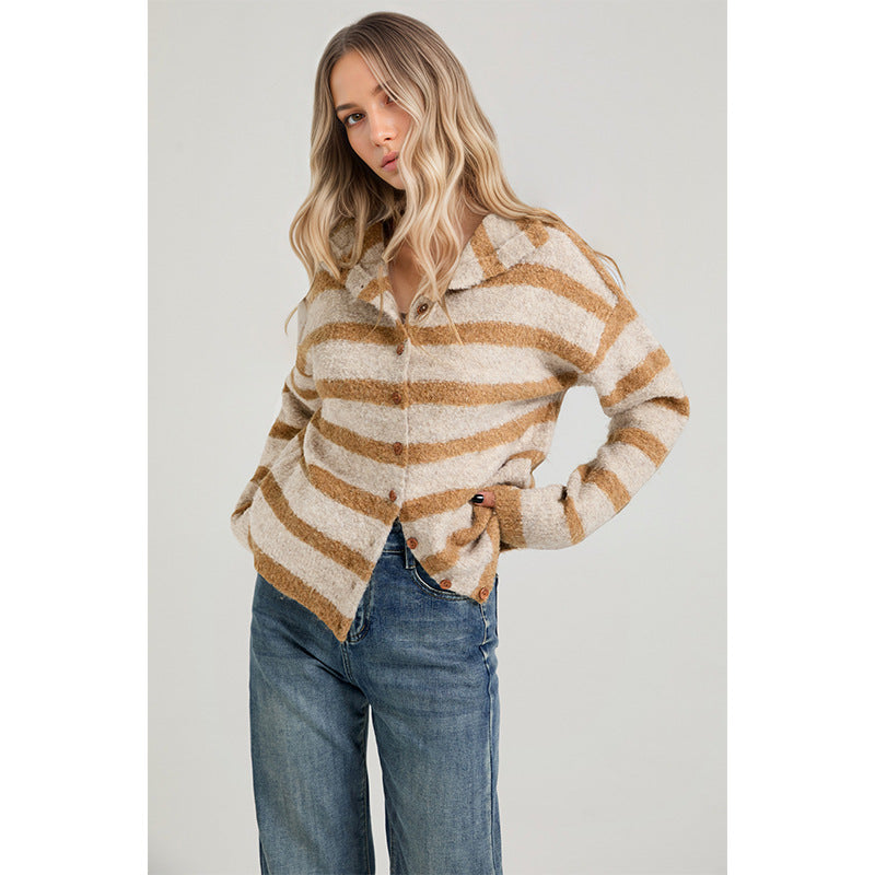 Sweater Knitted Cardigan Loose Striped Coat