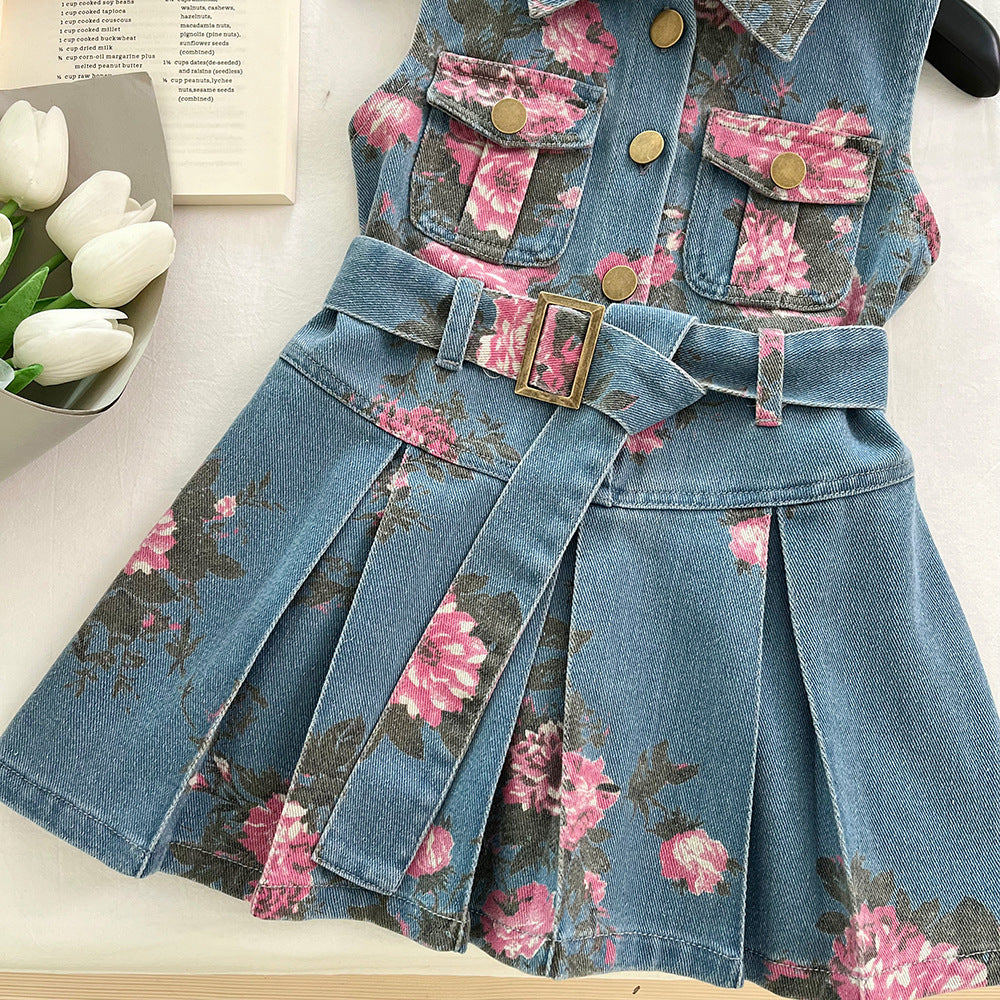 Vestido de Mezclilla Floral sin Mangas para Niña con Cinturón | Imagen 4 | My Store Plus