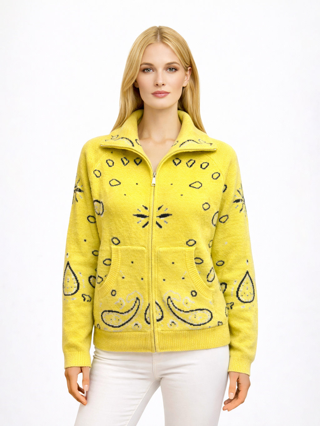 Cardigan en tricot motif cachemire avec fermeture éclair et col montant style rétro
