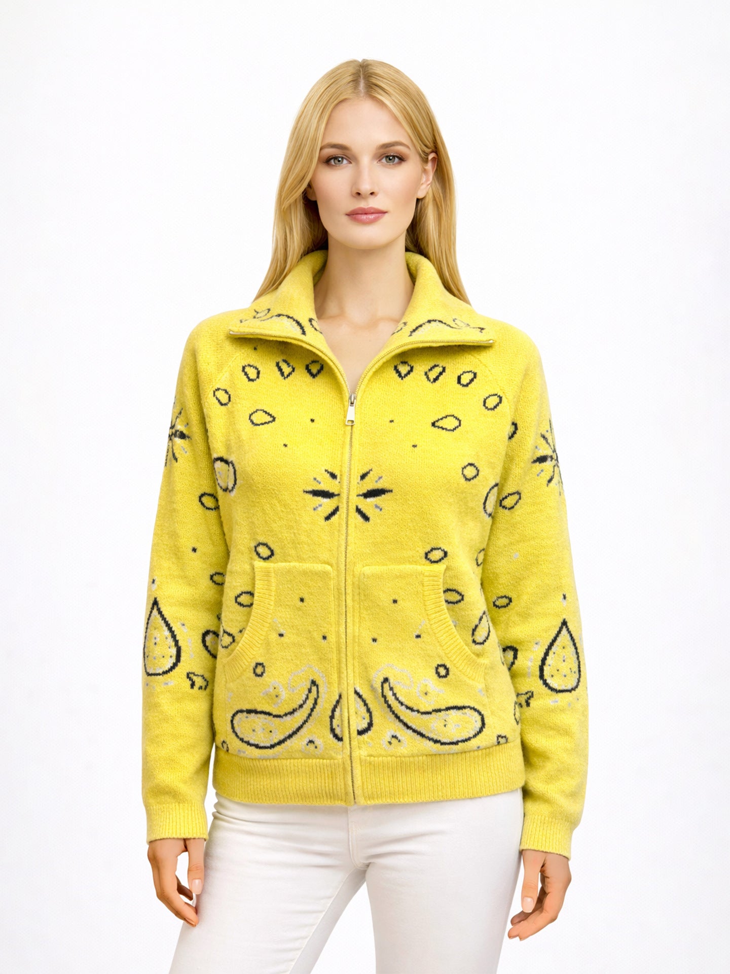 Cardigan en tricot motif cachemire avec fermeture éclair et col montant style rétro