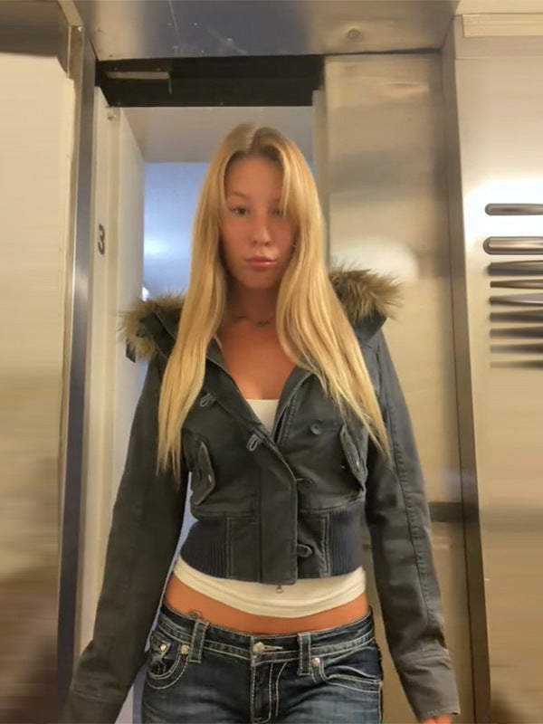 Veste décontractée avec poches et col en fourrure amovible
