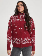 Cardigan en tricot motif cachemire avec fermeture éclair et col montant style rétro