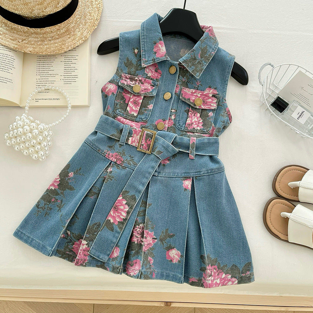 Vestido de Mezclilla Floral sin Mangas para Niña con Cinturón | Imagen 7 | My Store Plus