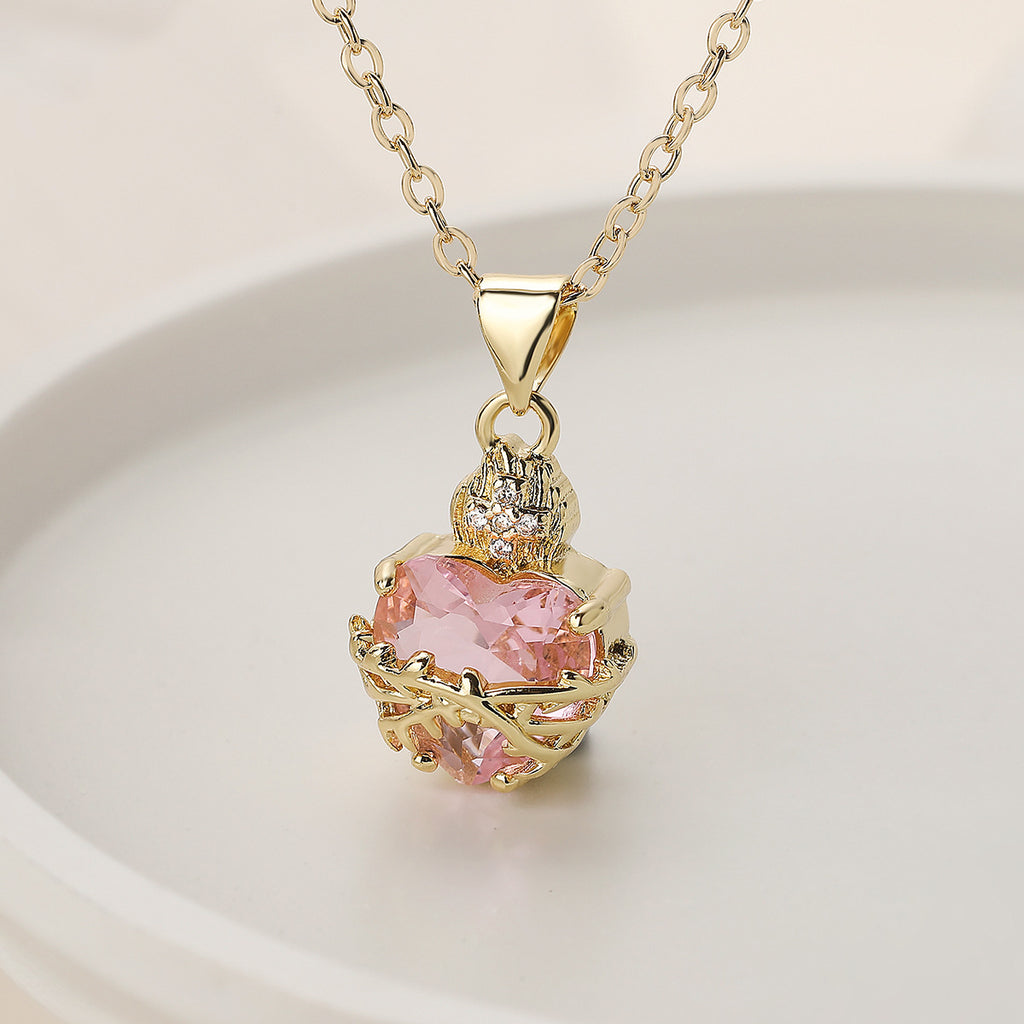 Collar con Corazón y Circonias Rosas, Baño de Oro 18K