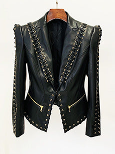 Veste cintrée noire en similicuir à lacets pour femme