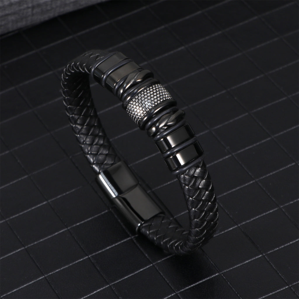 Men's business leather bracelet simple stainless steel magnetic bracelet fashion versatile trend woven leather bracelet