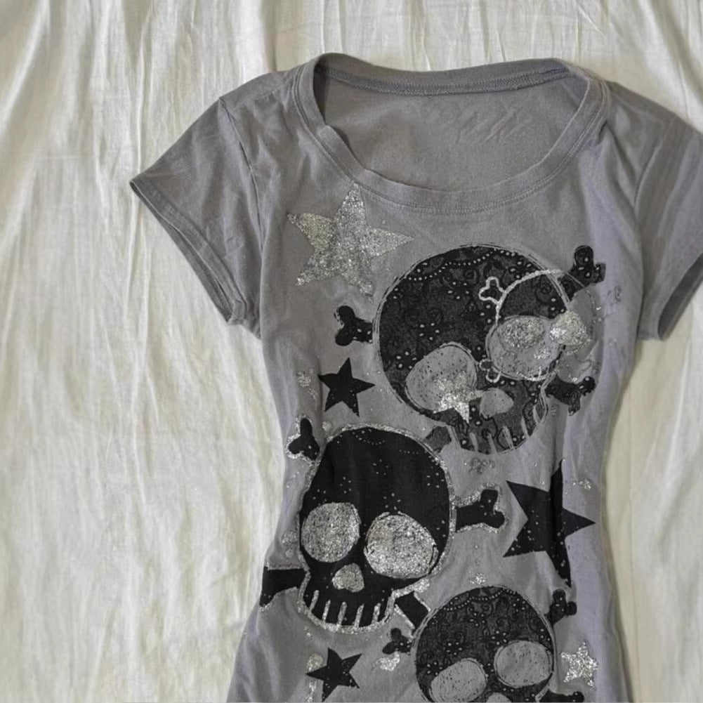 T-shirt court imprimé crâne style rétro urbain