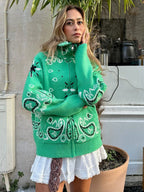 Cardigan en tricot motif cachemire avec fermeture éclair et col montant style rétro