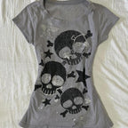 T-shirt court imprimé crâne style rétro urbain