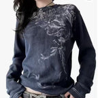T-shirt noir à manches longues avec imprimé crâne rétro