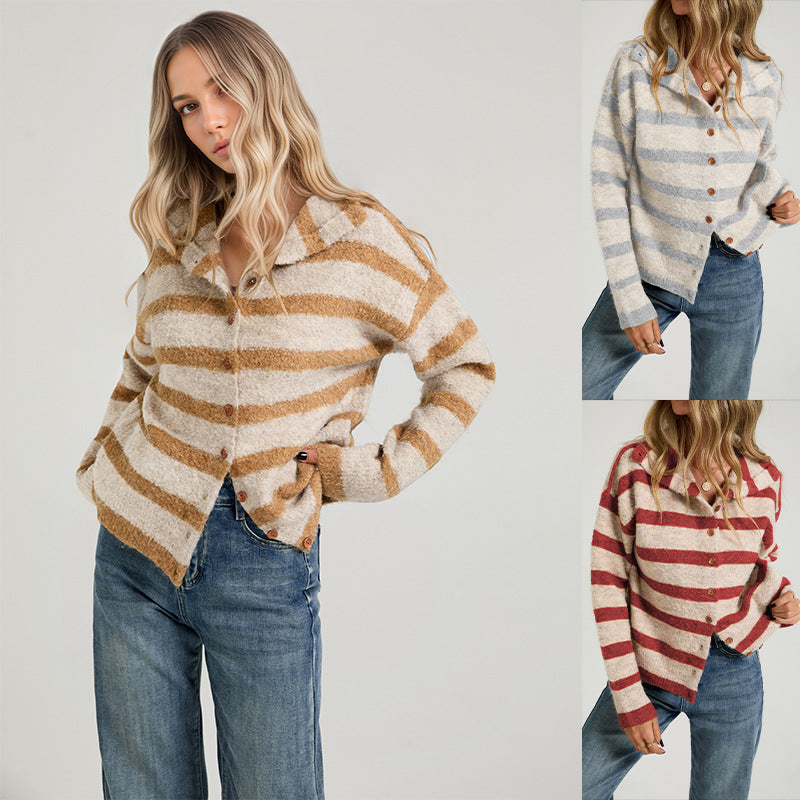 Sweater Knitted Cardigan Loose Striped Coat