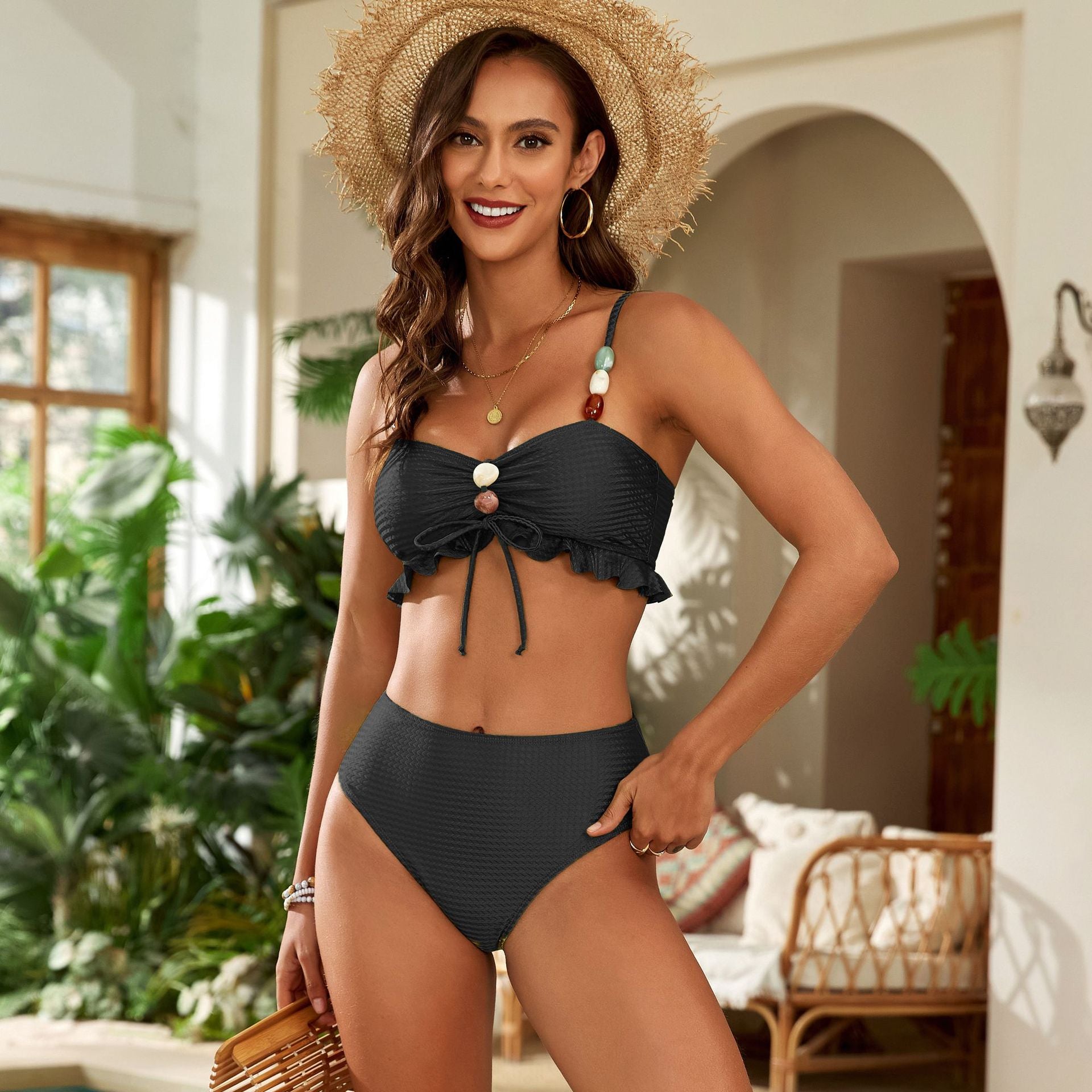 2025 new bead tether foreign trade split swimsuit women's cross-border explosion three-piece bikini bikini