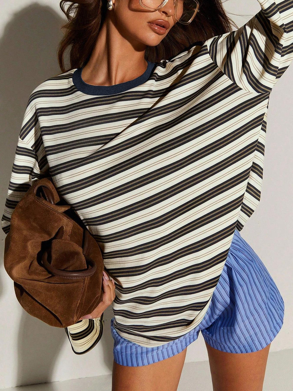 T-shirt rayé à manches longues et coupe ample pour femme