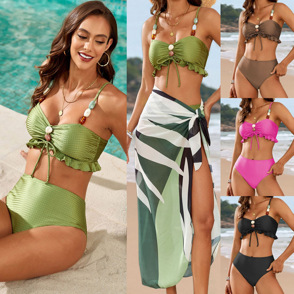 2025 new bead tether foreign trade split swimsuit women's cross-border explosion three-piece bikini bikini