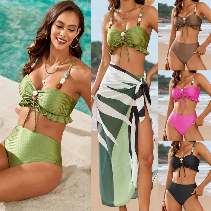 Bikini de Tres Piezas para Mujer con Detalles de Cuentas