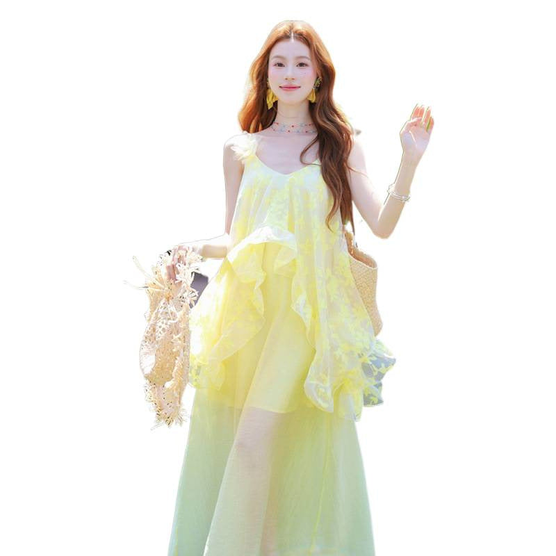 Vestido Largo Amarillo con Volantes y Tirantes Estilo Francés