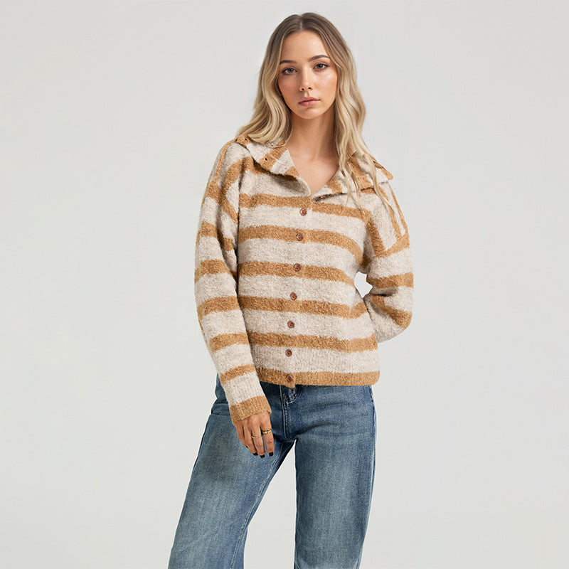 Sweater Knitted Cardigan Loose Striped Coat