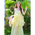 Vestido Largo Amarillo con Volantes y Tirantes Estilo Francés