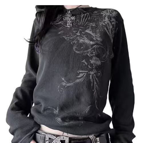 T-shirt noir à manches longues avec imprimé crâne rétro