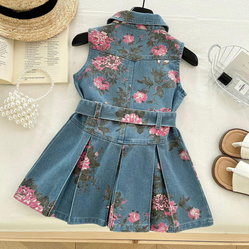 Vestido de Mezclilla Floral sin Mangas para Niña con Cinturón | Imagen 5 | My Store Plus