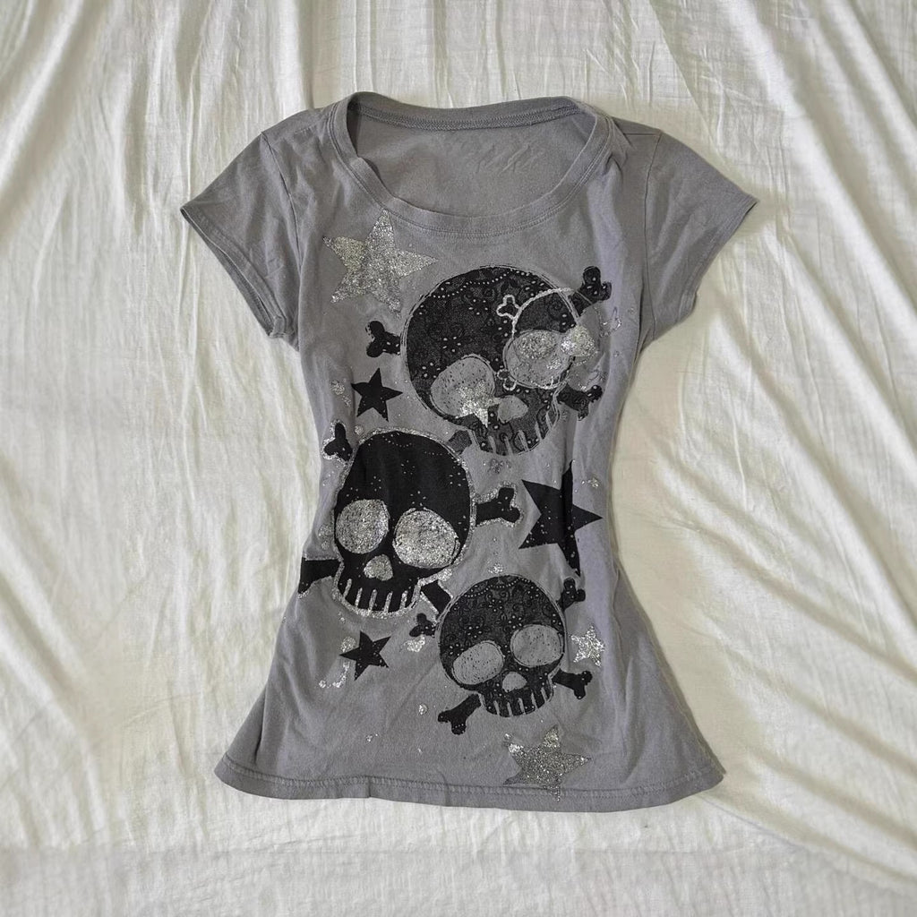 T-shirt court imprimé crâne style rétro urbain